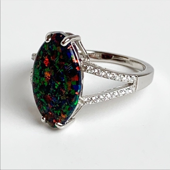 3 Carat Marquise Black Opal Ring, 925 Silver, S8 - Picture 2 of 10